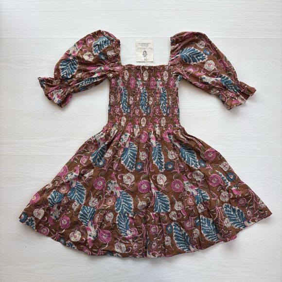 PERRY WALKER Grace Floral Print Smocked Dress O/S Brown Green Pink Smocked Boho - Picture 4 of 15
